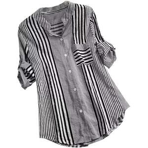 Women's Loose Fit Varying Stripes Front Pocket Button Down Roll Up Shirt Size XL